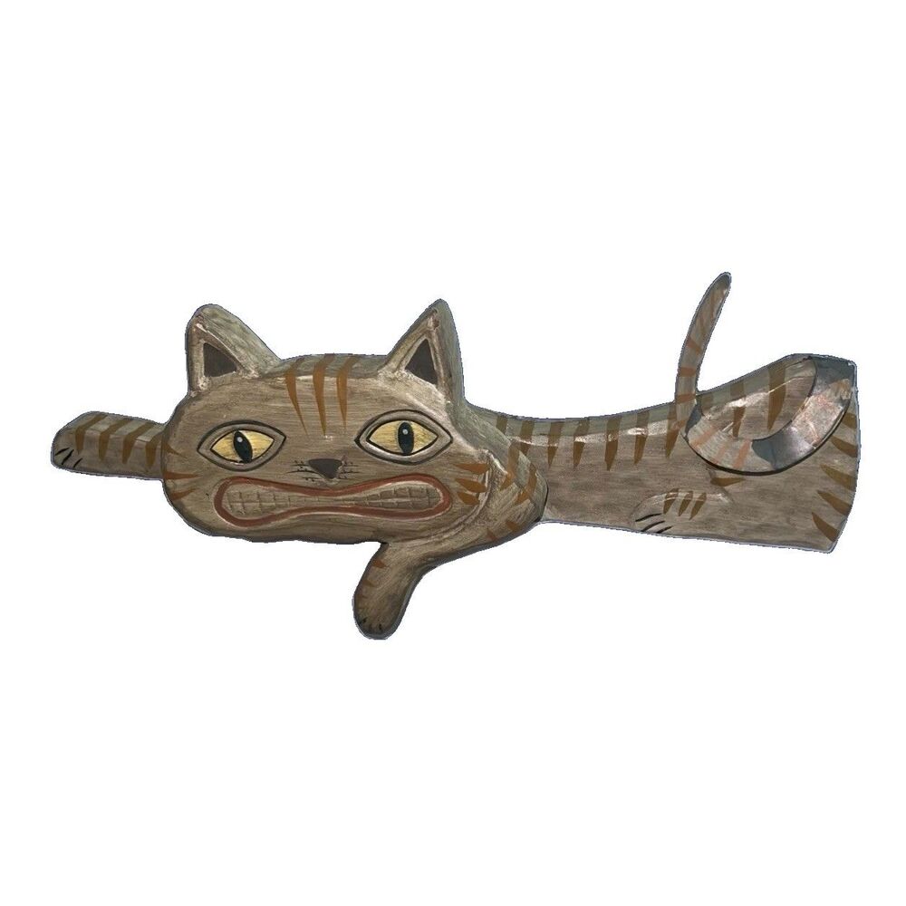 Chris Flesher Vintage Folk Art Primitive Wood Carved Grinning Cat Shelf Mantle